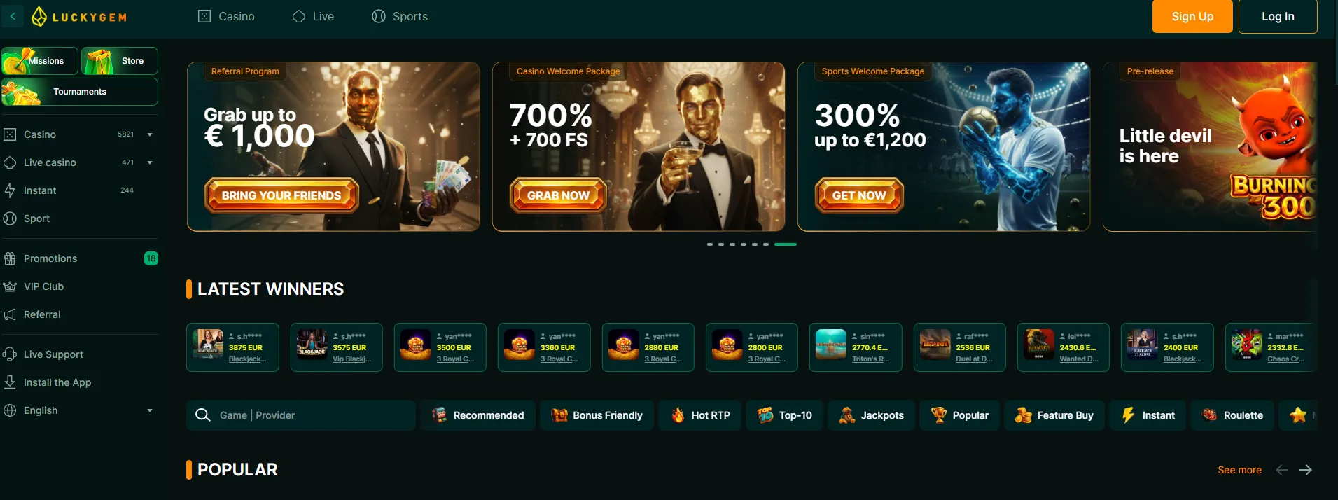 Luckygem Casino spelaanbod